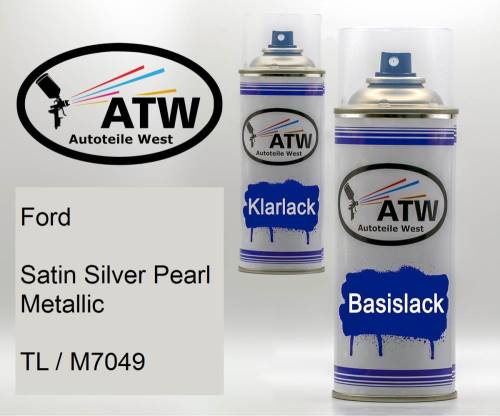 Ford, Satin Silver Pearl Metallic, TL / M7049: 400ml Sprühdose + 400ml Klarlack - Set, von ATW Autoteile West.
